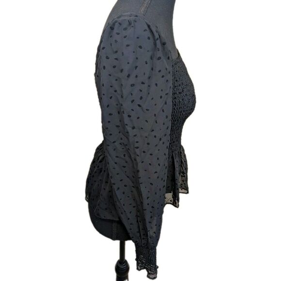 Nine West Blouse Black Smocked Square Neck Polka Dot Long Sheer Sleeves XS - Picture 7 of 13